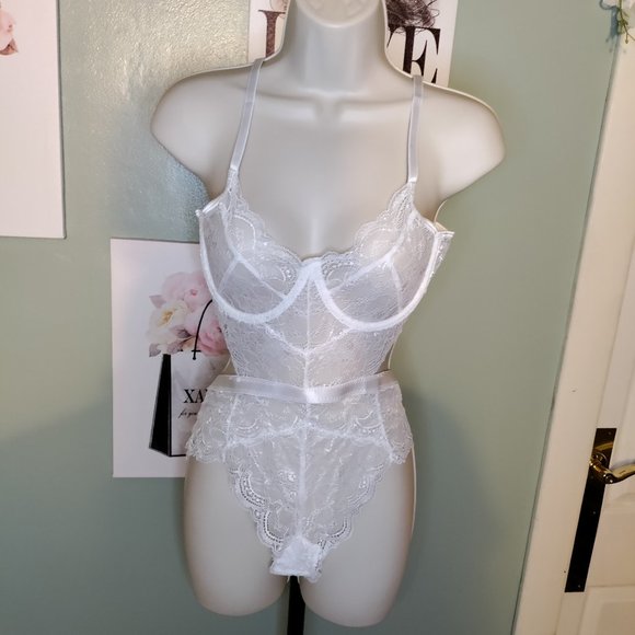 Lace Lingerie Teddy Snap Crotch V Neck Cut Out Underwire One Piece - Picture 3 of 6